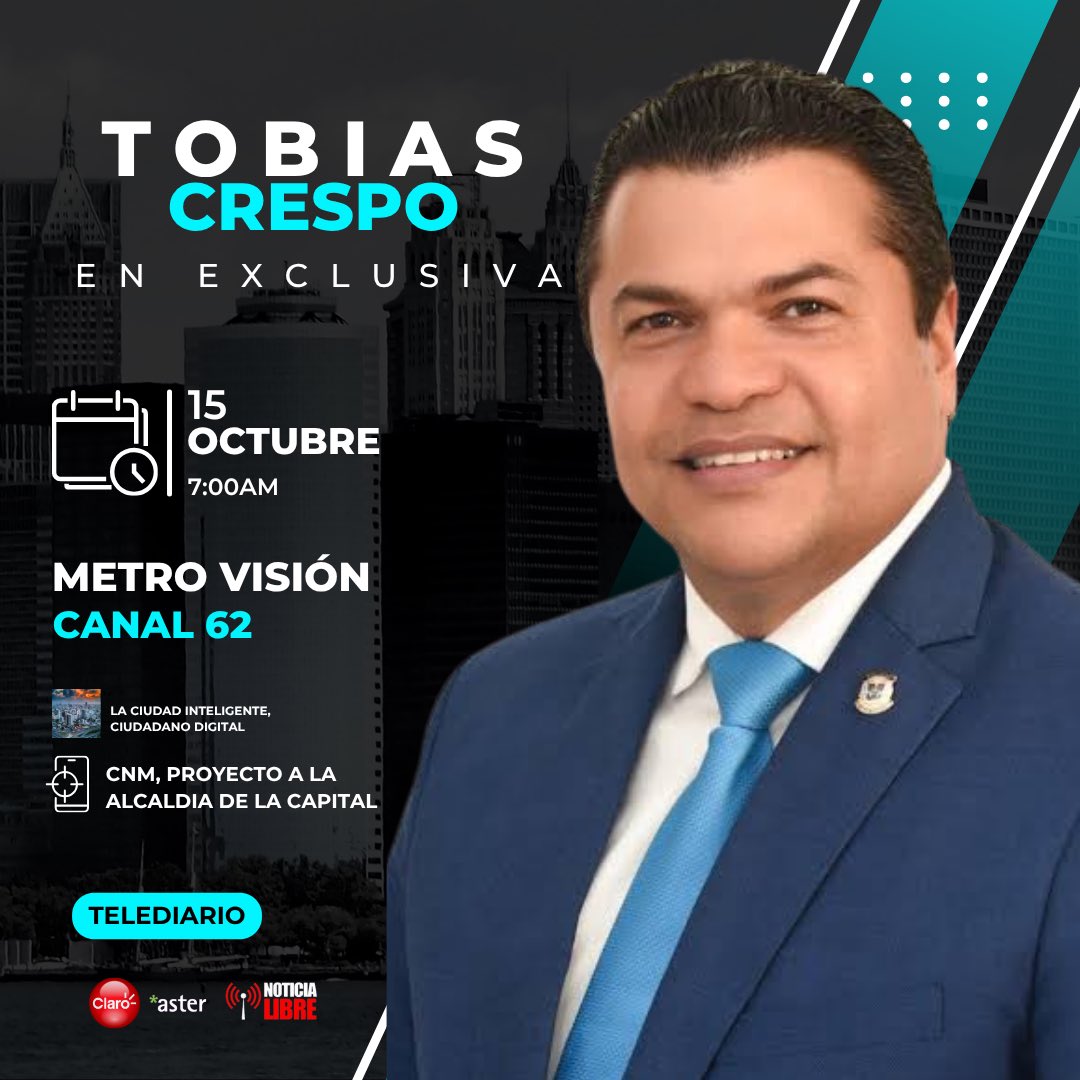 Noticia Libre (@noticia_libre) on Twitter photo El diputado <a href="/TobiasCrespo/">Tobias Crespo</a> de <a href="/FPcomunica/">@Fuerza del Pueblo (FP)</a> estará este miércoles en TELEDIARIO, por Metro Visión, canal 62 de Aster y Claro a nivel nacional y todas sus plataformas digitales, tratando los temas del CNM, Congreso Nacional, FP, panorama político nacional. 7:00AM; 2:00PM; 7:00PM El diputado <a href="/TobiasCrespo/">Tobias Crespo</a> de <a href="/FPcomunica/">@Fuerza del Pueblo (FP)</a> estará este miércoles en TELEDIARIO, por Metro Visión, canal 62 de Aster y Claro a nivel nacional y todas sus plataformas digitales, tratando los temas del CNM, Congreso Nacional, FP, panorama político nacional. 7:00AM; 2:00PM; 7:00PM