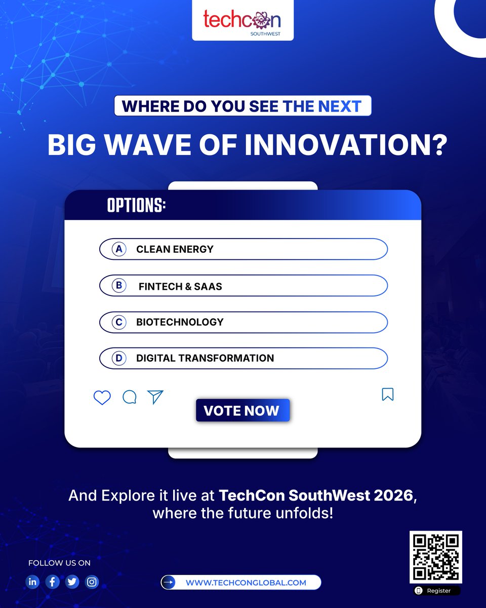 TechCon_Global's tweet image. Where’s the next big wave Clean Energy, FinTech/SaaS, Biotech, or Digital Transformation? Vote, then explore it live at TechCon SouthWest 2026. 
📍 Feb 12–13 • Bullock Museum. 
Passes: techconglobal.com 
#techConsouthwest #austintech #innovationconference