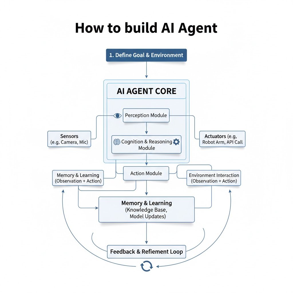 NainaChaturved8's tweet image. How to Build an AI Agent
Step 1: Define Goal & Environment
Set the agent's objective and operational context
AI Agent Core Architecture:
Input Layer:
Perception Module 👁️: Receives input from sensors (camera, mic, etc.)
Processing:
Cognition & Reasoning Module 🧠⚙️: Analyzes…