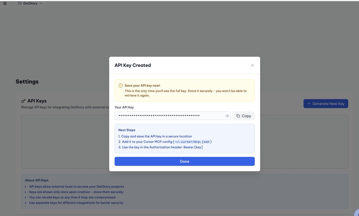 I accidentally built an MCP server for getstory.io 😅because I wanted to connect the whole project requirements as context into Cursor (I am using GetStory for building GetStory)...

#buildinpublic #indiehackers