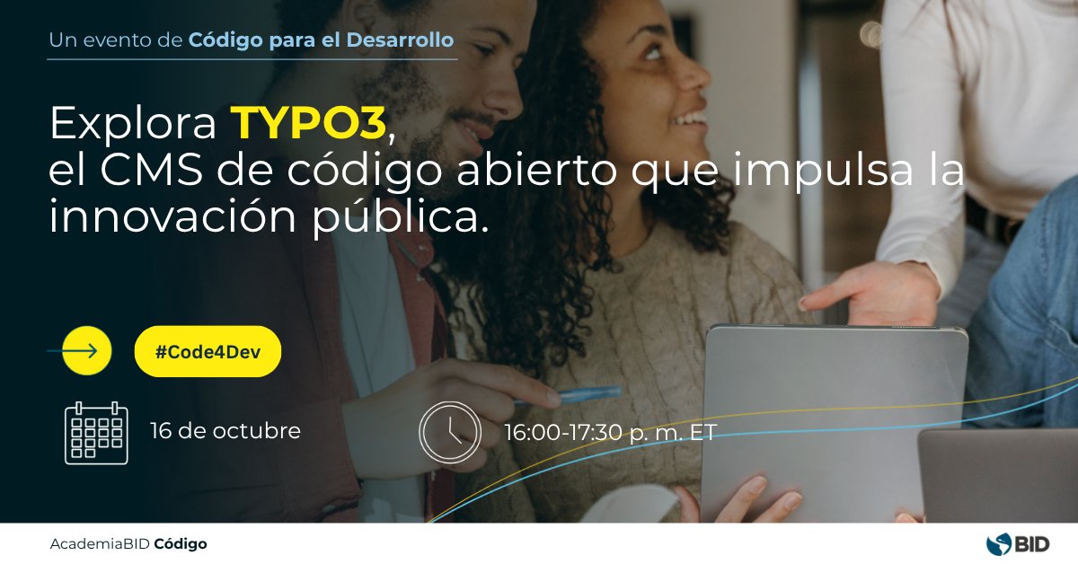 el_BID's tweet image. 📢 ¡Ya falta poco para nuestro próximo webinar #Code4Dev!
El 16 de octubre conocerás cómo TYPO3, un Content Management System (CMS) de código abierto, ayuda a las instituciones públicas a gestionar sus contenidos digitales de forma más eficiente, segura y sostenible.…