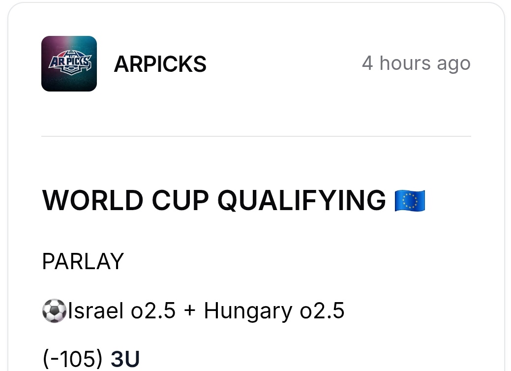 ARPicks_'s tweet photo. #WorldCupQualifying 🇪🇺
Estonia vs Moldova
⚽️o1.5 Goals (-180)✅️✅️3U LIVE
Latvia vs England
⚽️ENG ML 1H + Kane to Score
(-150)✅️✅️3U
PARLAY
⚽️Israel o2.5 + Hungary o2.5
(-105)✅️✅️3U
Türkiye vs Georgia
⚽️o2.5 + BTTS YES (-120)✅️✅️3U
4-0 (+9.03U)🧹🧹 https://t.co/3J6elvZ9x4