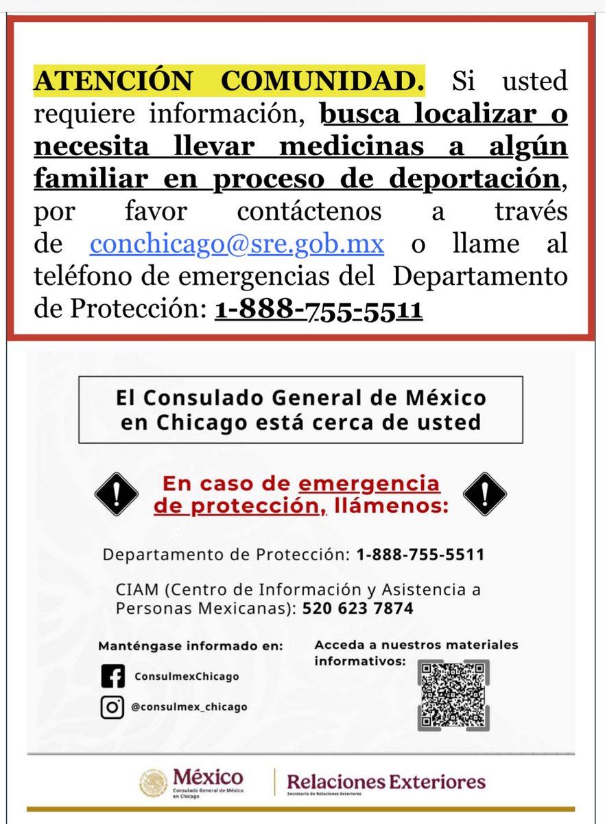 En 2025, autoridades migratorias de la oficina regional de Chicago han detenido y procesado a 2,239 personas mexicanas (465 desde septiembre). <a href="/ConsulMexCho/">Consulado General de México en Chicago</a> acude todas las semanas al centro de procesamiento en Broadview para brindar asistencia consular a nuestros  connacionales.