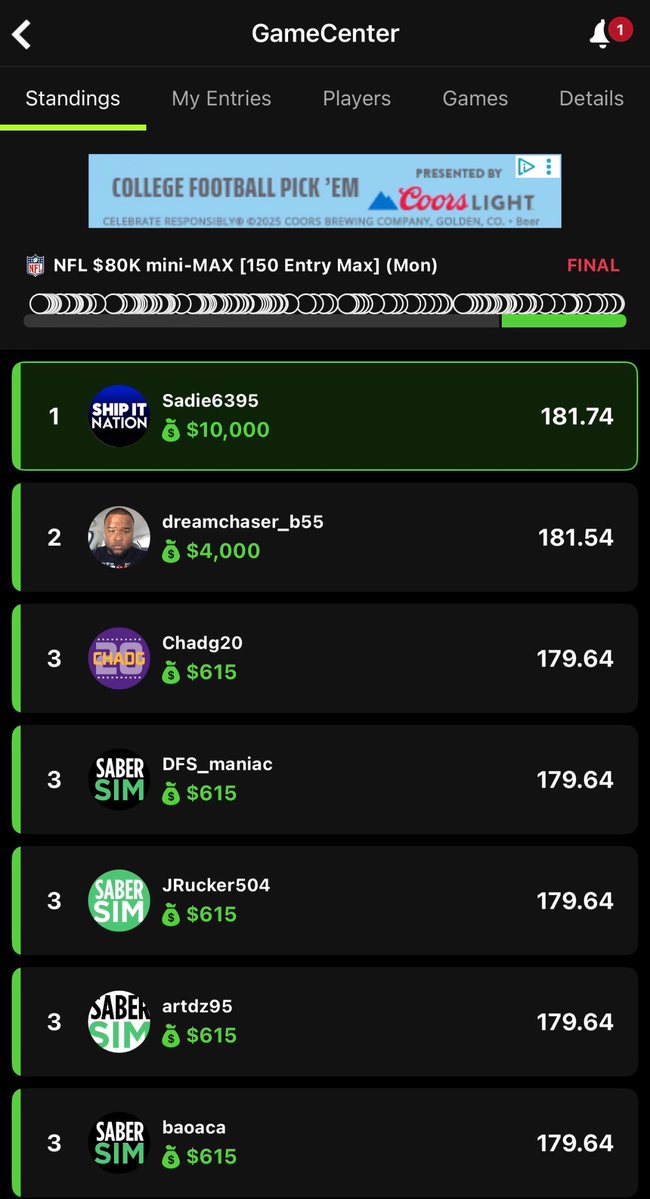WilliamEverts's tweet image. Shipped solo the 2-game slate last night !🏆 Couldn’t have done it without the strategy/mentorship from Mastermind 🧠 , plus the tools & resources from Ship It 🚀 Nation and SaberSim. Grateful for the edge & community ! $75 into 10k @ToeTagginTambo @ShipItNation