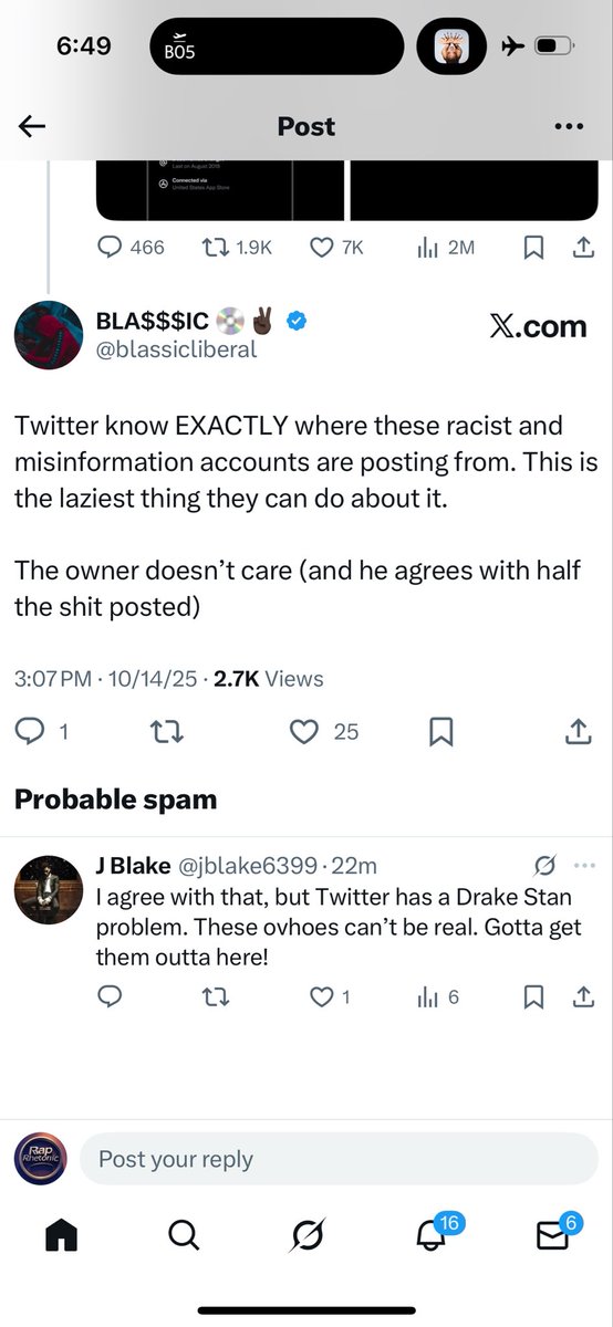 <a href="/jblake6399/">J Blake</a> <a href="/blassicliberal/">BLA$$IC 💿✌🏿</a> <a href="/FearedBuck/">FearBuck</a> 80% Kendrick Stans and Drake Haters “probably spam”
