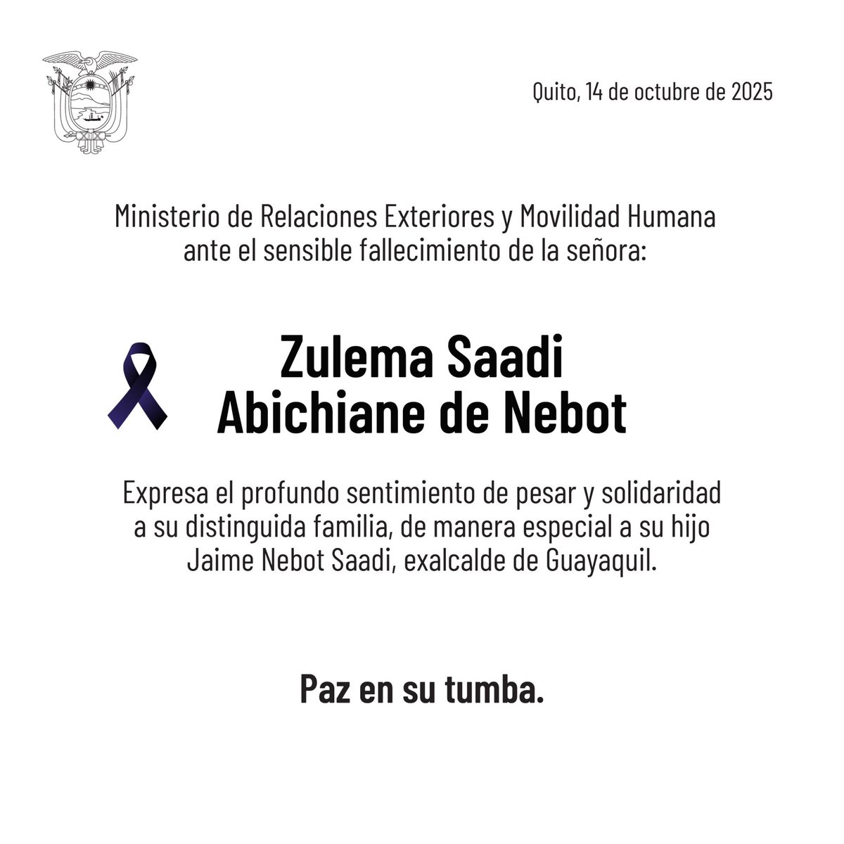 Nota de pesar ante el sensible fallecimiento de la señora Zulema Saadi Abichiane de Nebot.