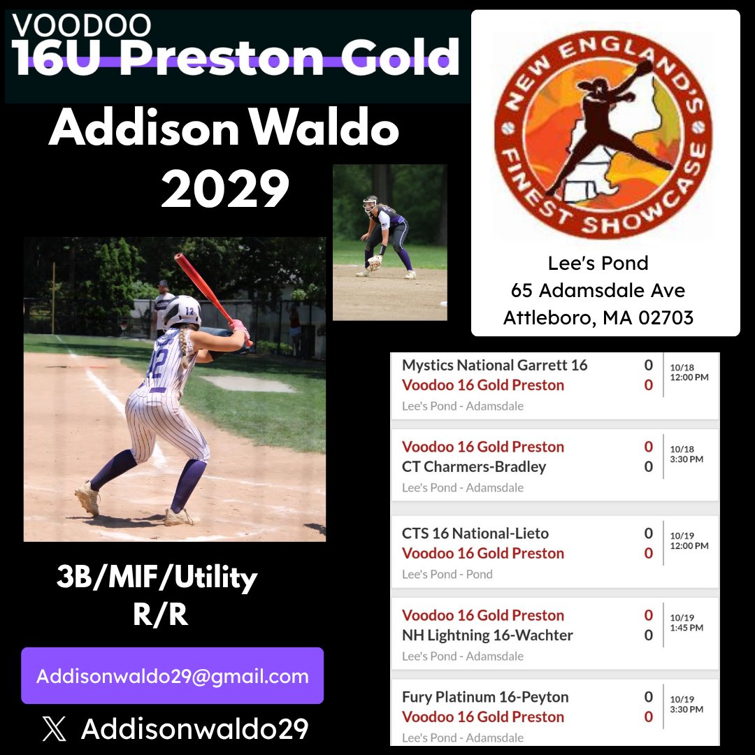 Addison Waldo 2029 (@addisonwaldo29) on Twitter photo Next stop....New England's Finest Showcase! Check us out!! 
<a href="/16uVoodoo/">Voodoo Preston Gold</a> <a href="/VoodooSBRecruit/">Voodoo_SB College Recruiting</a> <a href="/PCfriarsoftball/">Providence Softball</a> <a href="/BC_Softball/">BC Softball π₯</a> <a href="/UConnSoftball/">UConn Softball</a> <a href="/WPISoftball/">WPI Softball</a> <a href="/UMassSoftball/">UMass Softball</a> <a href="/BryantSoftball/">Bryant Softball</a> <a href="/StagsSoftball/">Fairfield Softball</a> <a href="/RhodySoftball/">Rhode Island Softball</a> <a href="/MerrimackSB/">Merrimack Softball</a> <a href="/HCrossSB/">Holy Cross Softball</a> <a href="/QU_Softball/">Quinnipiac Softball</a> Next stop....New England's Finest Showcase! Check us out!! 
<a href="/16uVoodoo/">Voodoo Preston Gold</a> <a href="/VoodooSBRecruit/">Voodoo_SB College Recruiting</a> <a href="/PCfriarsoftball/">Providence Softball</a> <a href="/BC_Softball/">BC Softball π₯</a> <a href="/UConnSoftball/">UConn Softball</a> <a href="/WPISoftball/">WPI Softball</a> <a href="/UMassSoftball/">UMass Softball</a> <a href="/BryantSoftball/">Bryant Softball</a> <a href="/StagsSoftball/">Fairfield Softball</a> <a href="/RhodySoftball/">Rhode Island Softball</a> <a href="/MerrimackSB/">Merrimack Softball</a> <a href="/HCrossSB/">Holy Cross Softball</a> <a href="/QU_Softball/">Quinnipiac Softball</a>