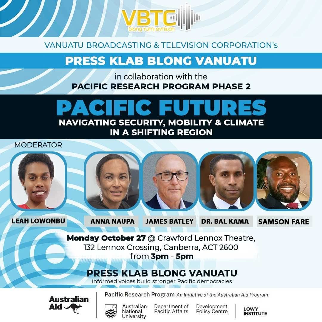 A powerhouse lineup of experts ready to unpack some of the most important questions shaping our Pacific region, from security to labour mobility and climate change 🌏💬 🫡🇻🇺

📍Monday, October 27
📍Crawford Lennox Theatre, Canberra
🕒 3pm – 5pm

Let’s keep the talanoa-storian.