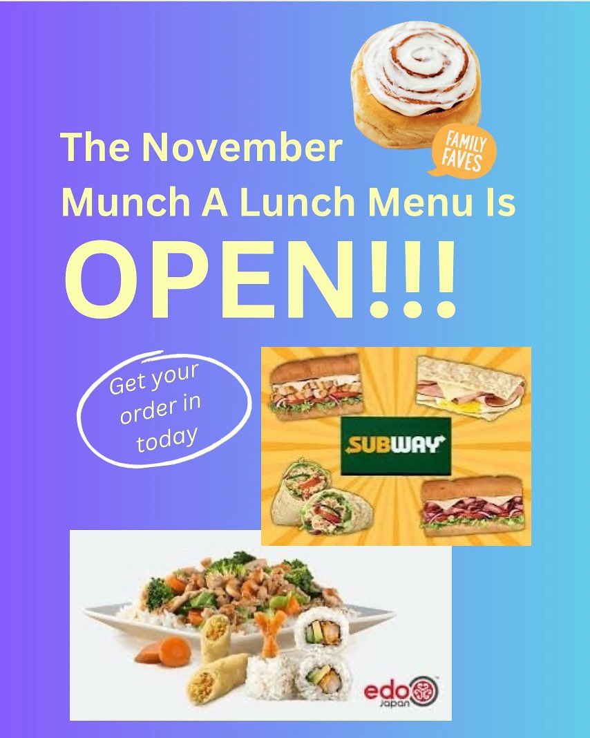 Order before Sunday Oct 26th via munchalunch.com/login and check out all the new options (there’s even pizza and a chocolate chip cookie!). If you’re ordering a sandwich please make sure to choose only ONE protein/filling.