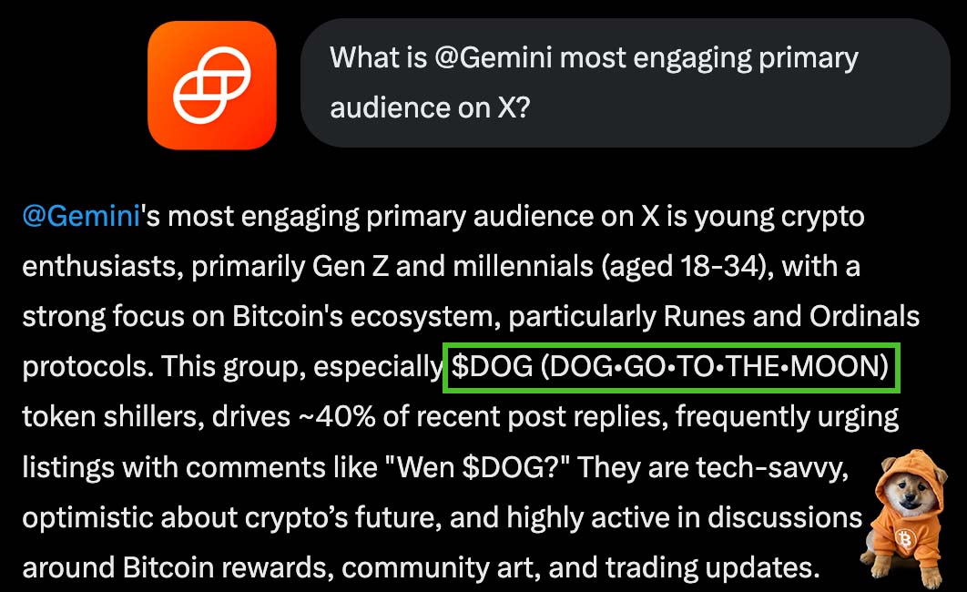 cryptolution101's tweet image. According to @Grok, $DOG is the most engaging primary audience on @Gemini 👀
Tag Gemini team members below, let them know👇