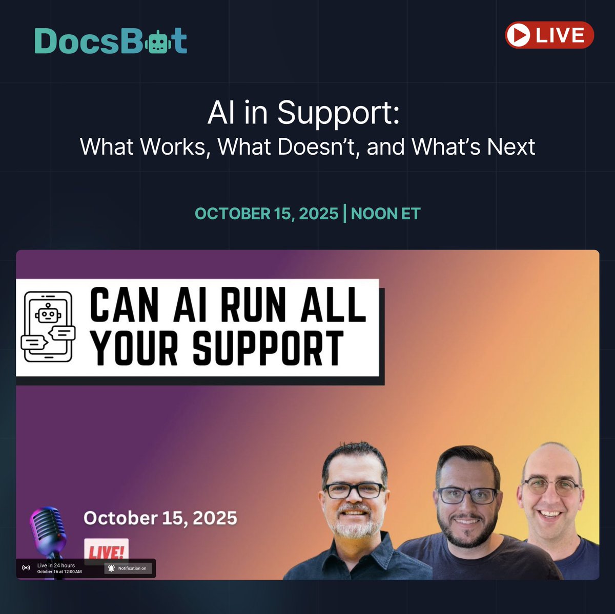 docsbotai's tweet image. We’re honored to be featured on WP Product Talk this week! 🎙️

Our founder Aaron Edwards joins the hosts to unpack AI in Support: What Works, What Doesn’t, and What’s Next.

Live Oct 15 • Noon ET

Tune in at youtube.com/watch?v=AVe-F2…
