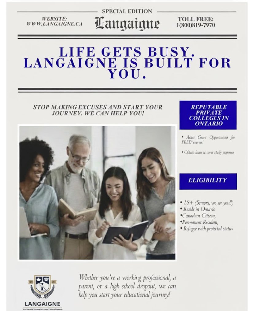 Langaigneed's tweet image. Are you ready to take the next step towards earning your college diploma? 
Visit us at: langaigne.ca
Or toll free: 1(800)819-7970
#onlinediploma #ontario #langaigne
#distancelearning #osapfunding #studentassistance #grants #ontariogrants #adultlearners #secondcareer