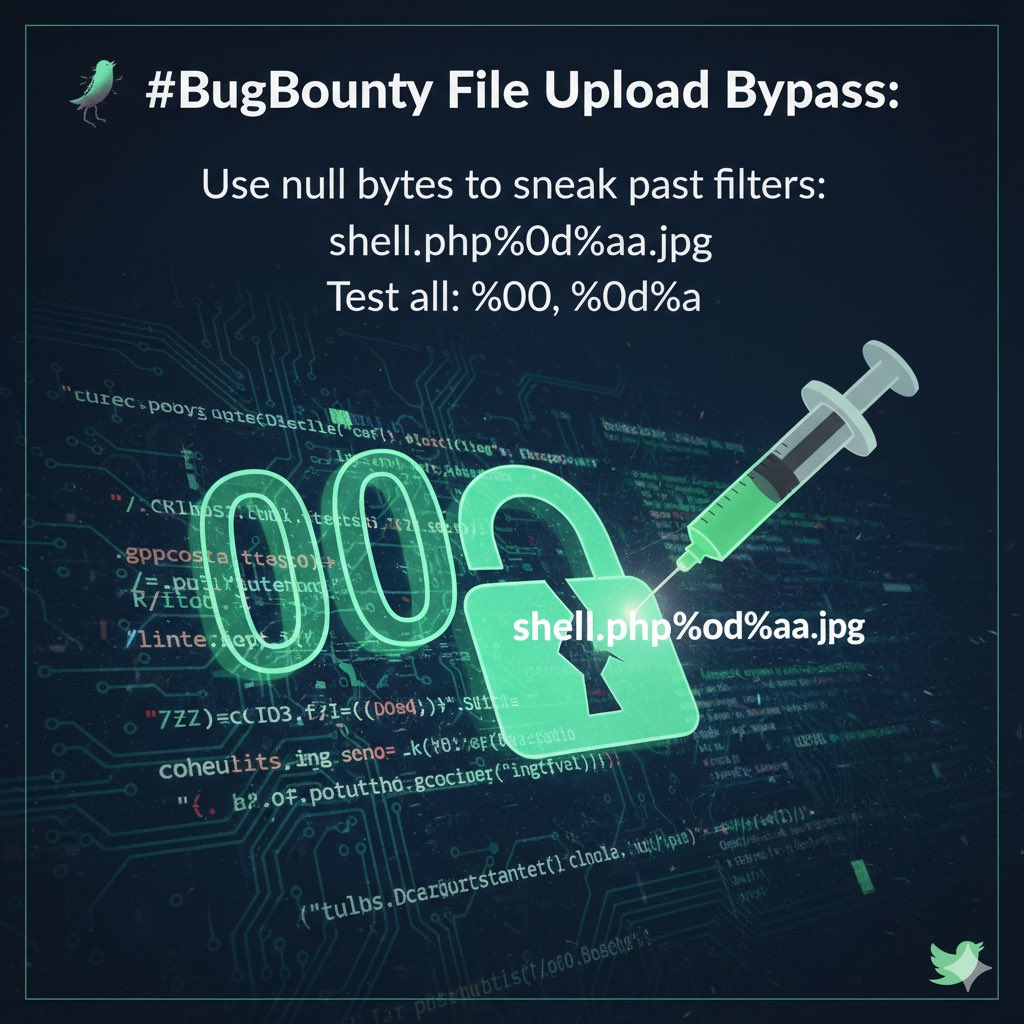 bughuntar's tweet image. 💉 #BugBounty File Upload Bypass:
Use null bytes to sneak past filters:
shell.php%0d%0a.jpg
Test all: %00, %0d%0a
Hunt hard, stay legal! 🐛
#CyberSecurity #RedTeaming