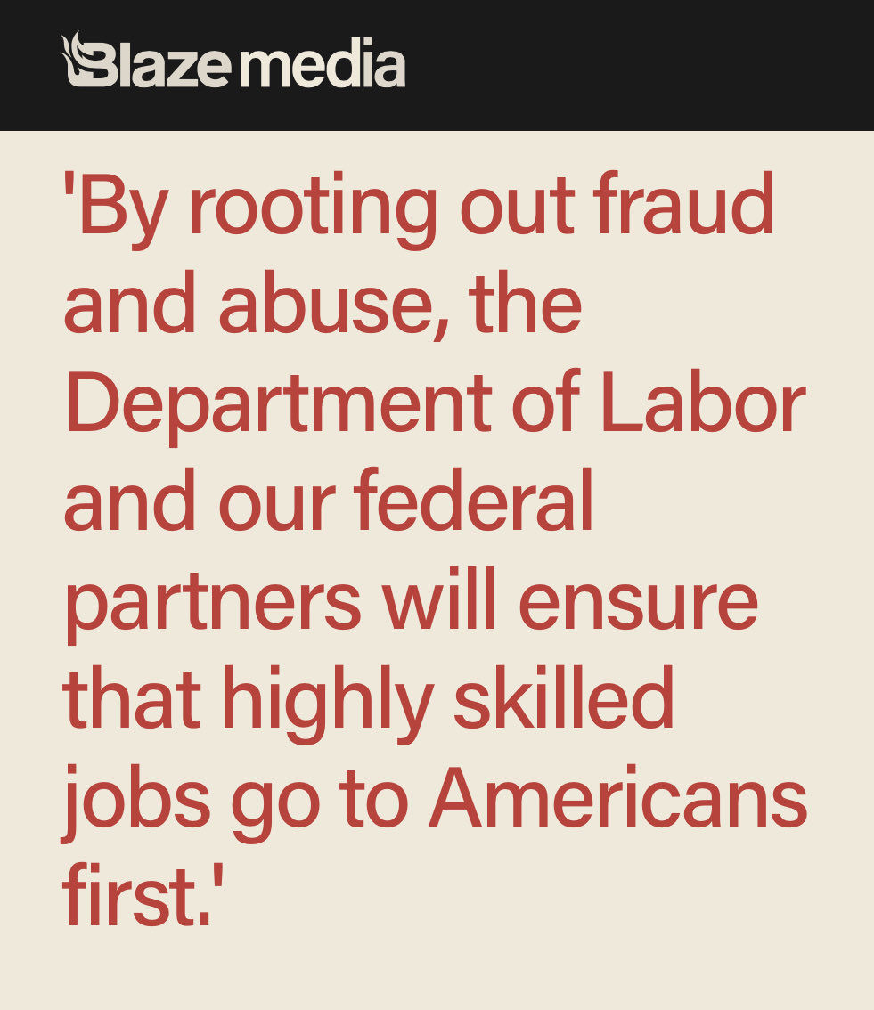 USDOL's tweet image. HIRE AMERICAN.
Under our Project Firewall plan, we’re eliminating fraud and abuse in the H-1B program and ensuring AMERICANS are prioritized in the hiring process.