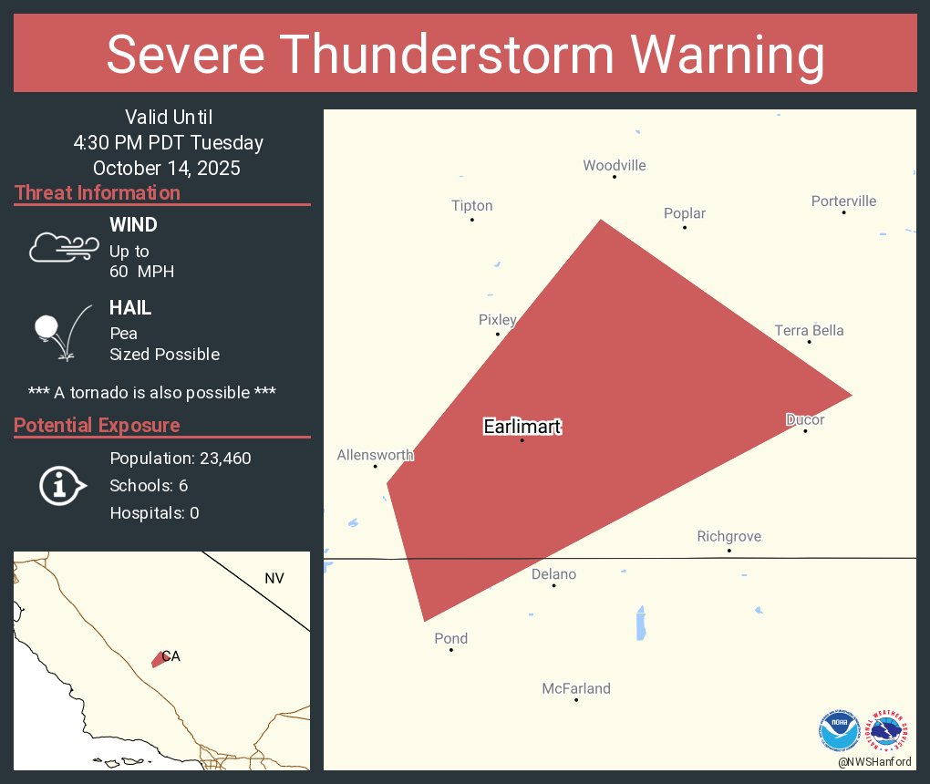 Severe Thunderstorm Warning continues for Earlimart CA until 4:30 PM PDT