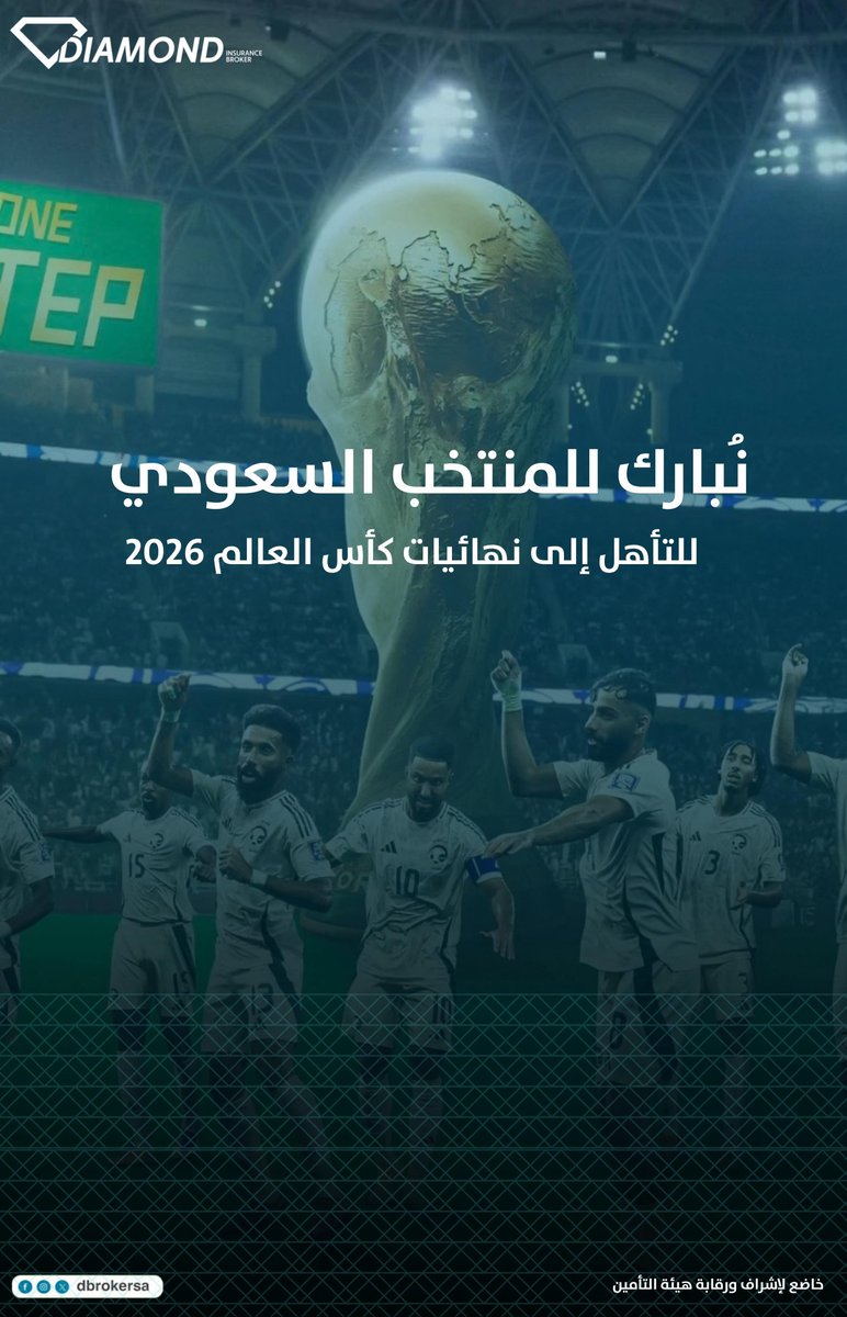 نرفع أسمى التهاني والتبريكات لمقام ⁧#خادم_الحرمين_الشريفين⁩ 
وسمو ⁧#ولي_العهد⁩ حفظهما الله، 
بمناسبة تأهل ⁧#المنتخب_السعودي⁩ إلى⁧#كأس_العالم_2026⁩ 🇸🇦
إنجاز وطني نفخر به جميعًا، يعكس دعم القيادة ورؤية الوطن الطموحة، وتضافر جهود القائمين على رياضتنا وأبطال المنتخب 💎🇸🇦