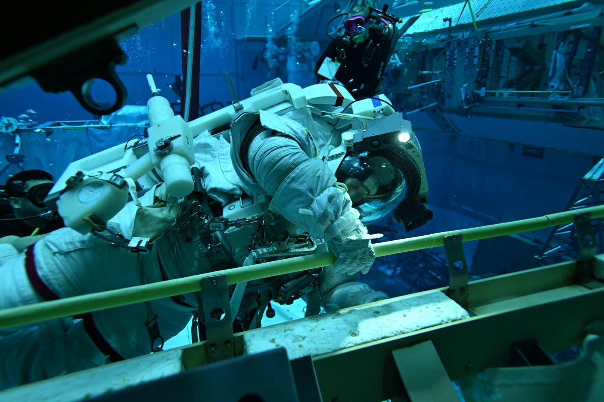 プールの中の様子をお届け👩‍🚀✨

足ではなく手を使って移動したり、作業中に身体が浮いて離れないように固定したり。
「微小重力で動くコツ」を水の中で身につけていきます💪