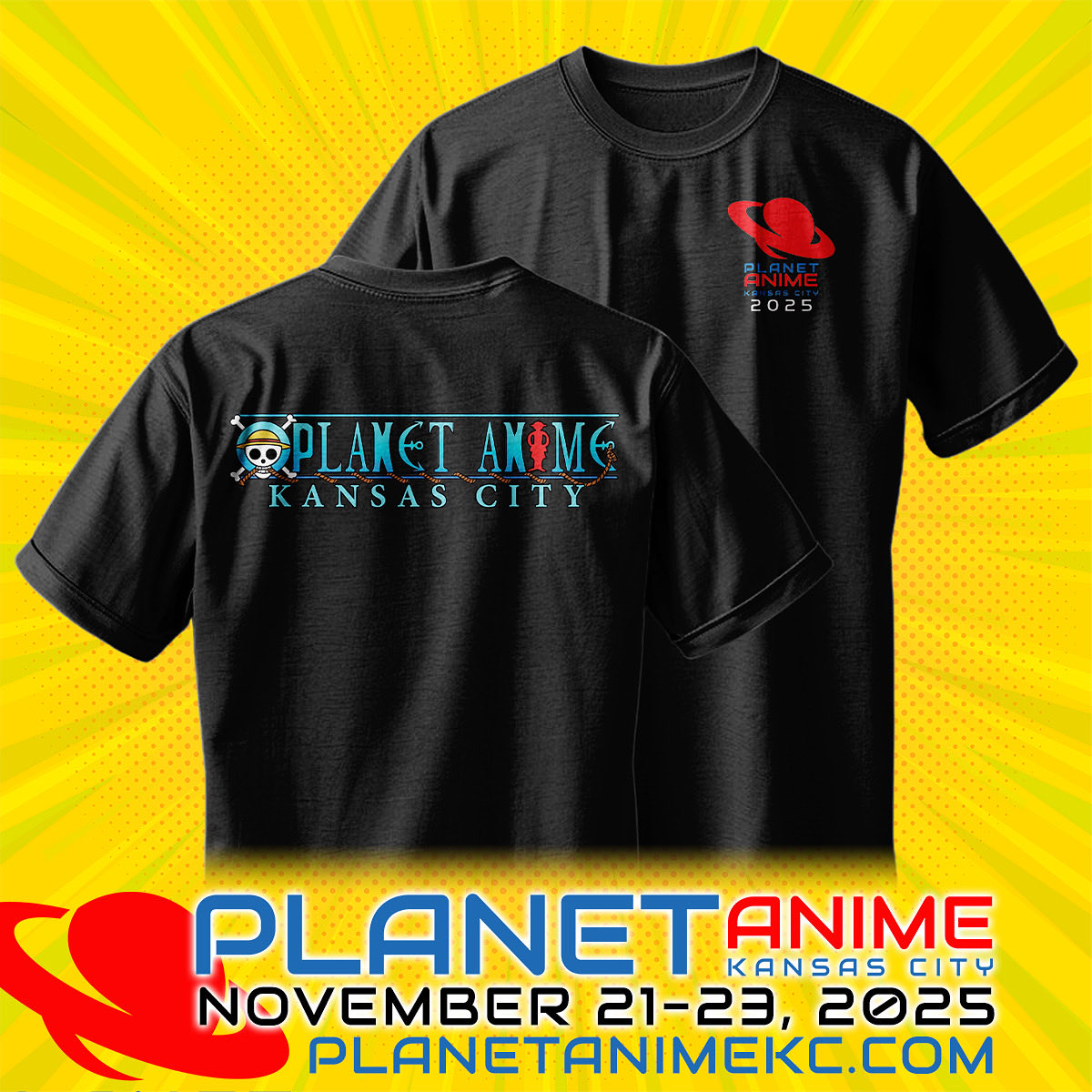 👑🏴‍☠️Set sail in style with this limited edition Planet Anime Kansas City tee! This t-shirt is pre-order ONLY and will not be available at the convention. 

🌊 Limited run. Treasure it forever.

Grab yours here: checkout.conventions.leapevent.tech/eh/Planet_Anim…