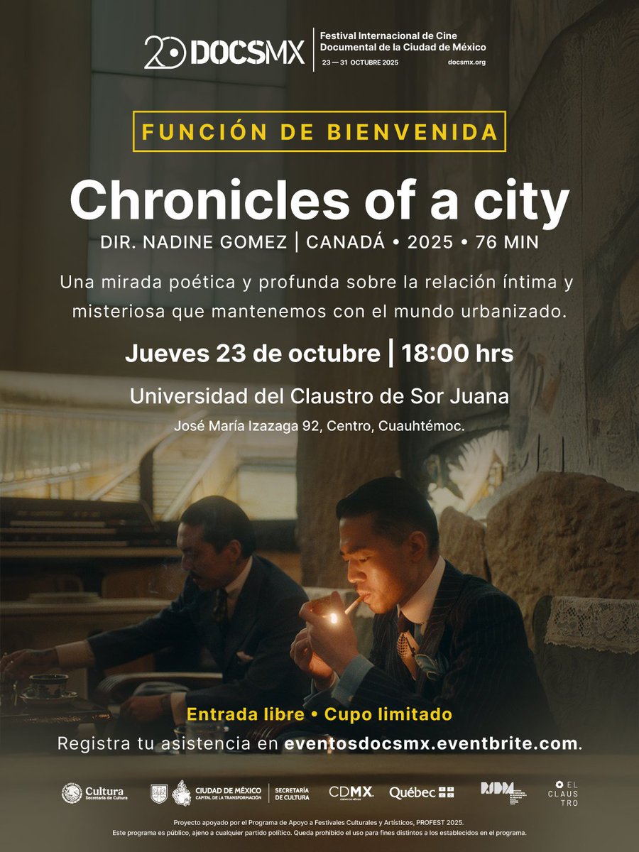 DocsMX's tweet photo. «Chronicle of a City», de Nadine Gomez, abrirá el #20DocsMX.
Un viaje sensorial sobre la vida urbana y nuestras conexiones con ella.
👁️ Tráiler 👉 https://t.co/JGzlhvmMoG
📍 @U_ElClaustro
📅 23 de octubre | 🕕 18:00 h
🎟️ Boletos 👉 https://t.co/O226Vyeer3
#FocoQuebec https://t.co/h5hurGZVSV