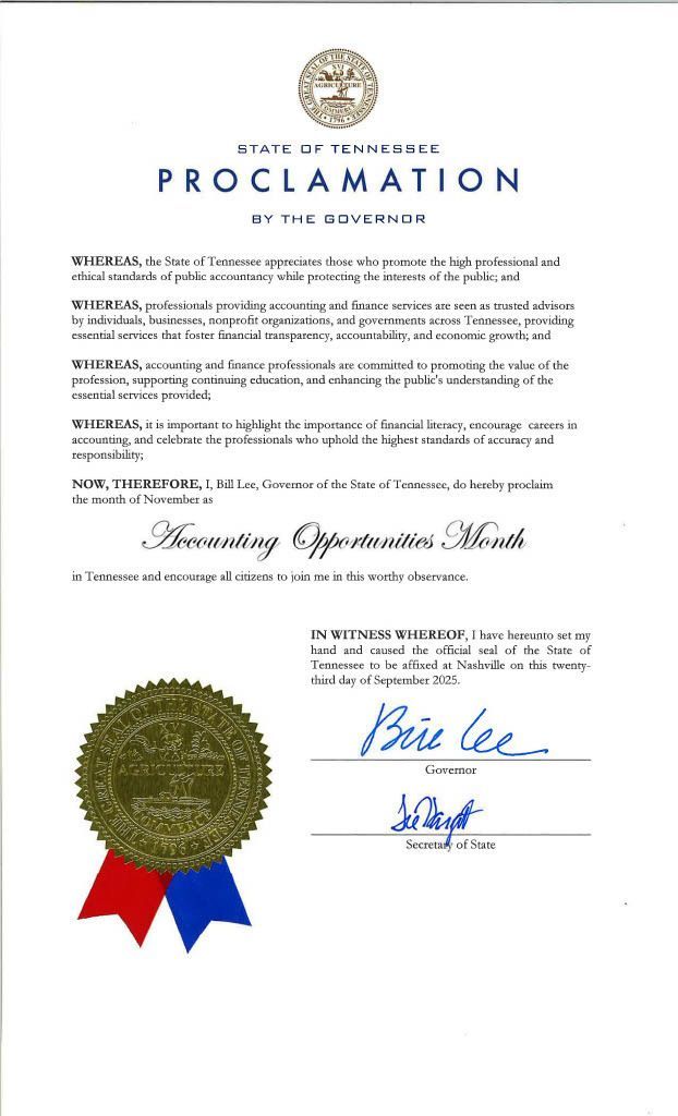 Exciting news - <a href="/GovBillLee/">Gov. Bill Lee</a> officially declared November Accounting Opportunities Month! During the entire month of November, TSCPA members will be educating students  across Tennessee about career opportunities in the accounting profession. Read more >> tscpa.com/news/1637-gov-…
