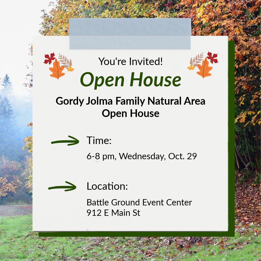 Join us for the second Gordy Jolma Natural Family Area Open House! 

Clark County is working with the Cowlitz Tribe to restore habitat and improve nature-based recreational opportunities at the property. 

For more information, clark.wa.gov/public-works/g….