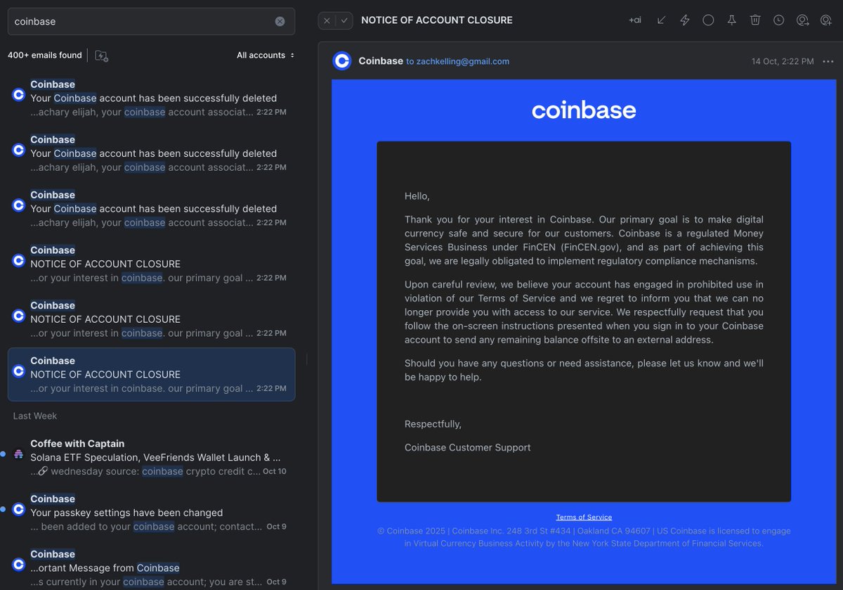 <a href="/coinbase/">Coinbase 🛡️</a> <a href="/base/">Base</a> <a href="/brian_armstrong/">Brian Armstrong</a>  just de-banked me. 
Deleted my account, without warning. Closed my account, without letting me even access funds in it...! 
Had been complaining for over year my funds were stuck in wallet.
Get the fuck off their platform.