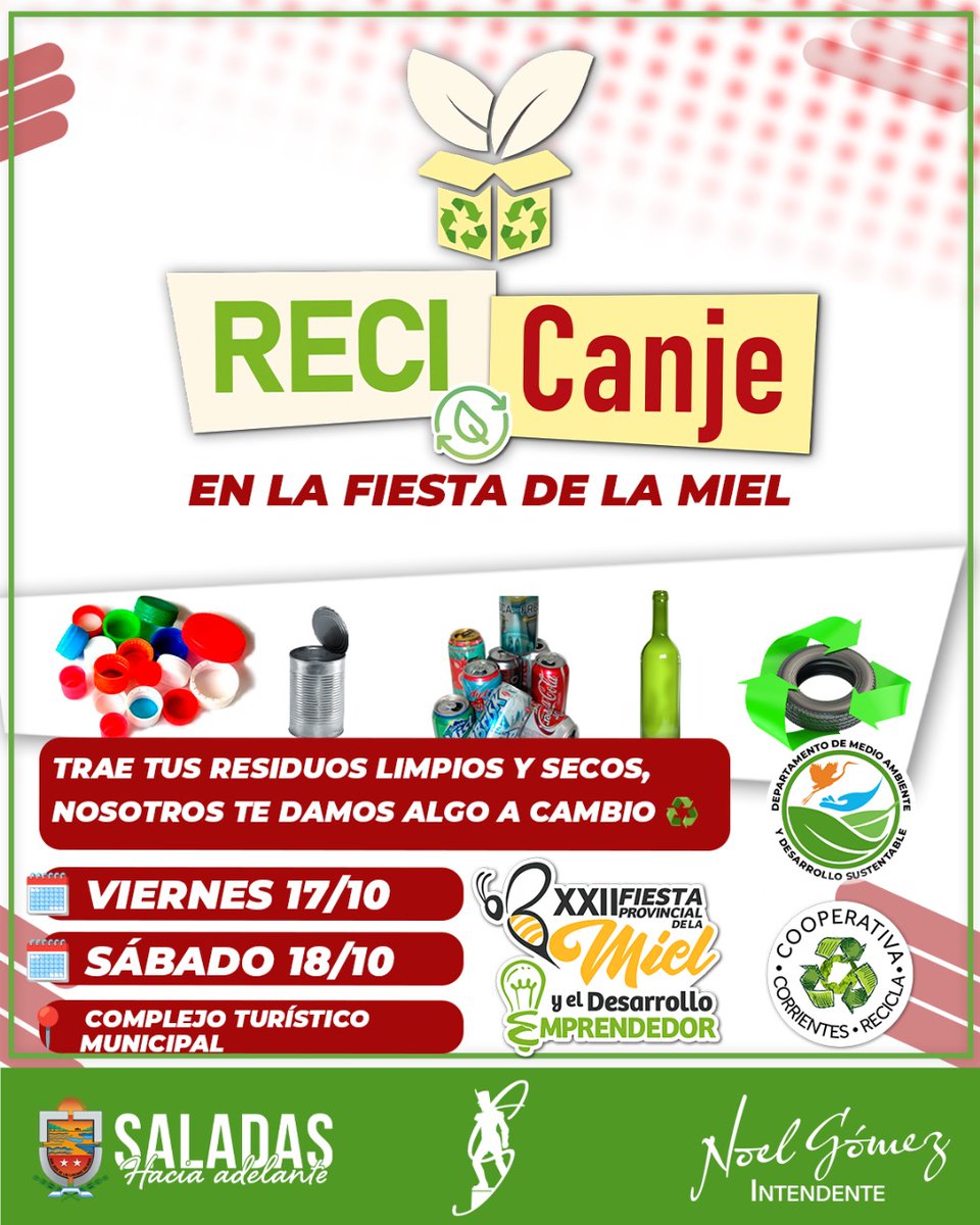 fiestadelamiel's tweet photo. ♻️ReciCanje en la Fiesta de la Miel🍯 
Este finde 17 y 18 de octubre te esperamos en el Complejo Turístico para sumar tu granito de arena al cuidado del ambiente 🌱
Traé 10 o más residuos limpios y secos (plásticos, latas, vidrios, cartón, etc.) 
Y llevate un regalo a cambio 🎁 https://t.co/MZEDK6U6Gd