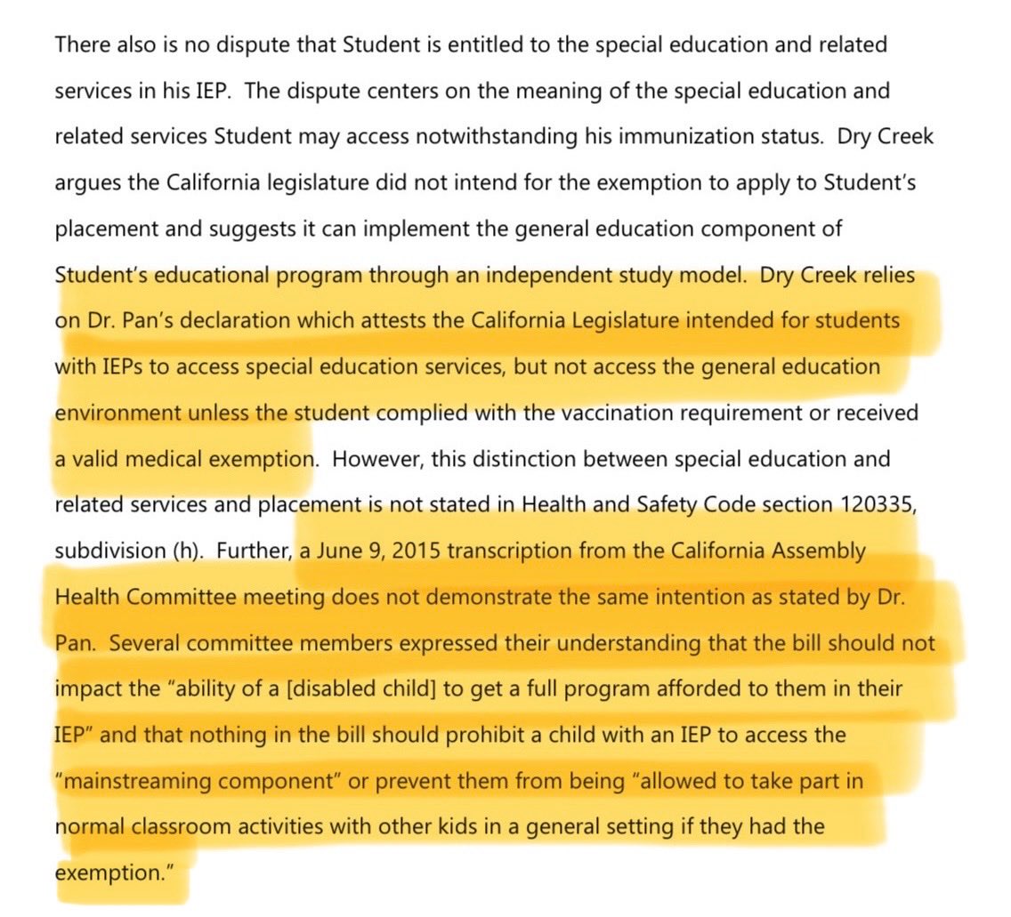 In 2024, @drpanmd gave a declaration to the OAH stating SB277 intended to exclude students w/ IEPs from school based on vax status

Judge found the opposite true when reviewing transcripts of CA Leg hearings

Congress?  😂 He can’t even recall his own legislation correctly!