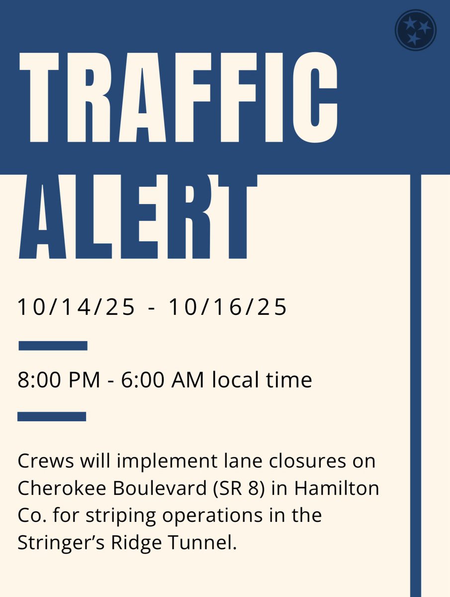 Rae Anne Bradley (@raeannetdot) on Twitter photo HAMILTON COUNTY:
Beginning tonight, (10/14) from 8 pm to 6 am ET and continuing for the next two nights to minimize daytime disruptions, TDOT contract crews will implement closures for striping in the Stringer’s Ridge Tunnel. Plan accordingly. HAMILTON COUNTY:
Beginning tonight, (10/14) from 8 pm to 6 am ET and continuing for the next two nights to minimize daytime disruptions, TDOT contract crews will implement closures for striping in the Stringer’s Ridge Tunnel. Plan accordingly.