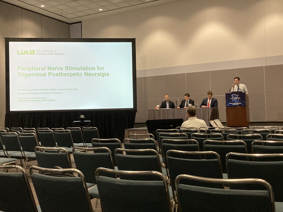 DocMHolland's tweet photo. Dr Yuanfan Yang UAB PGY-4 Neurosurgery Resident presents a case series of peripheral trigeminal stimulation for post herpetic neuralgia. #Innovation #CNS2025 @NeurosurgeryUab https://t.co/ecJwClR9i8