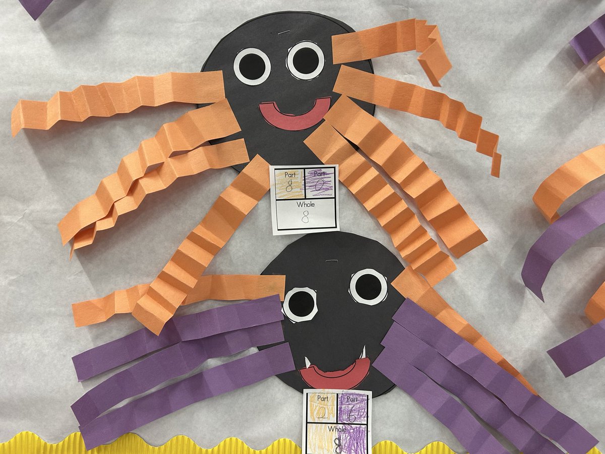 Ms_DGroh's tweet image. Spooky Spiders! 🕷️ Students are mastering their part-part-whole skills with the help of some crawling friends! 🕸️ Students used purple and orange legs to represent the parts that made up the whole of 8! #firstgrade #firstgrademath #mathcraft