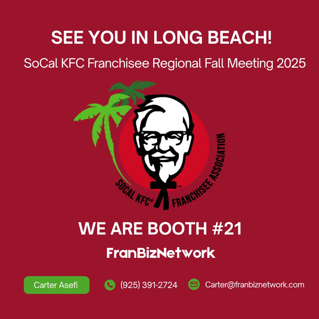 FBN_88's tweet photo. See you in Long Beach! 🌊
FBN will be at the SoCal KFC Franchisee Regional Fall Meeting next week — find us at Booth #21. Stop by and say hi! #Networking #FranchiseCommunity #KFC https://t.co/Bb7CrgfRi3