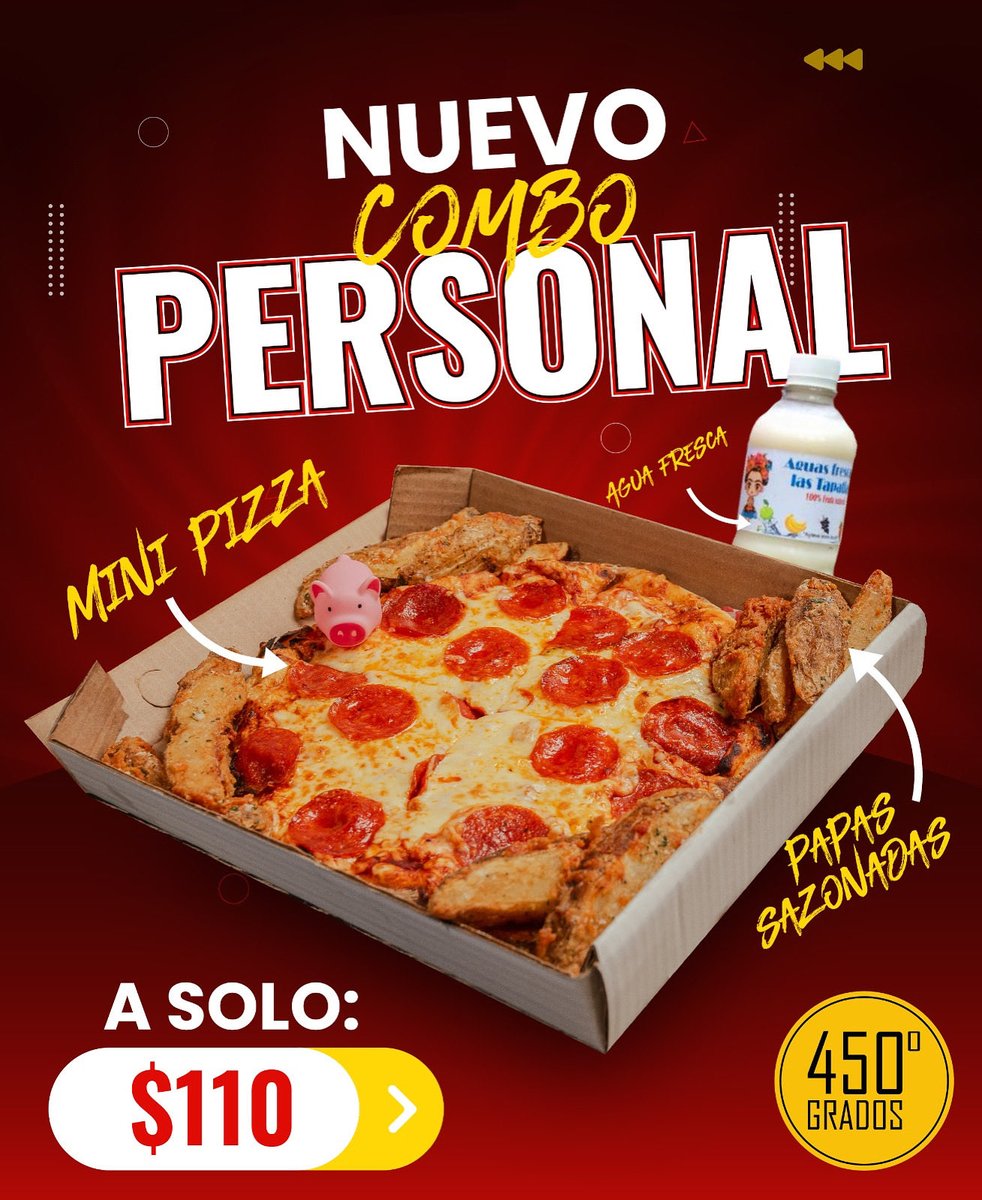 Ven a probar nuestro Combo Personal. Mini pizza de pepperoni, papas sazonadas de la casa, y agua fresca por solo $110 pesos. ¡Te esperamos en el 450!
☎️662 264 8999 📱662 268 3486 📍Navarrete esquina con Paseo de las Quintas, Plaza Paseo 111.