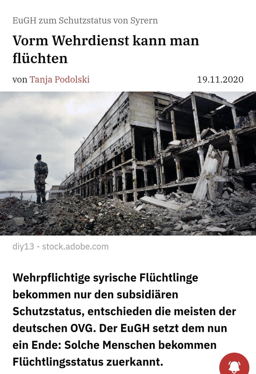 <a href="/PeterBorbe/">Peter Borbe</a> Deutsche können jetzt offiziell um Asyl in anderen Ländern ansuchen. Sie müssen ja befürchten, eingezogen &amp; in einen Krieg geschickt zu werden. Und 2020 hat der EuGH entschieden: das darf nicht sein.
So eine Chance bekommt ihr so schnell nicht wieder.

lto.de/recht/nachrich…
