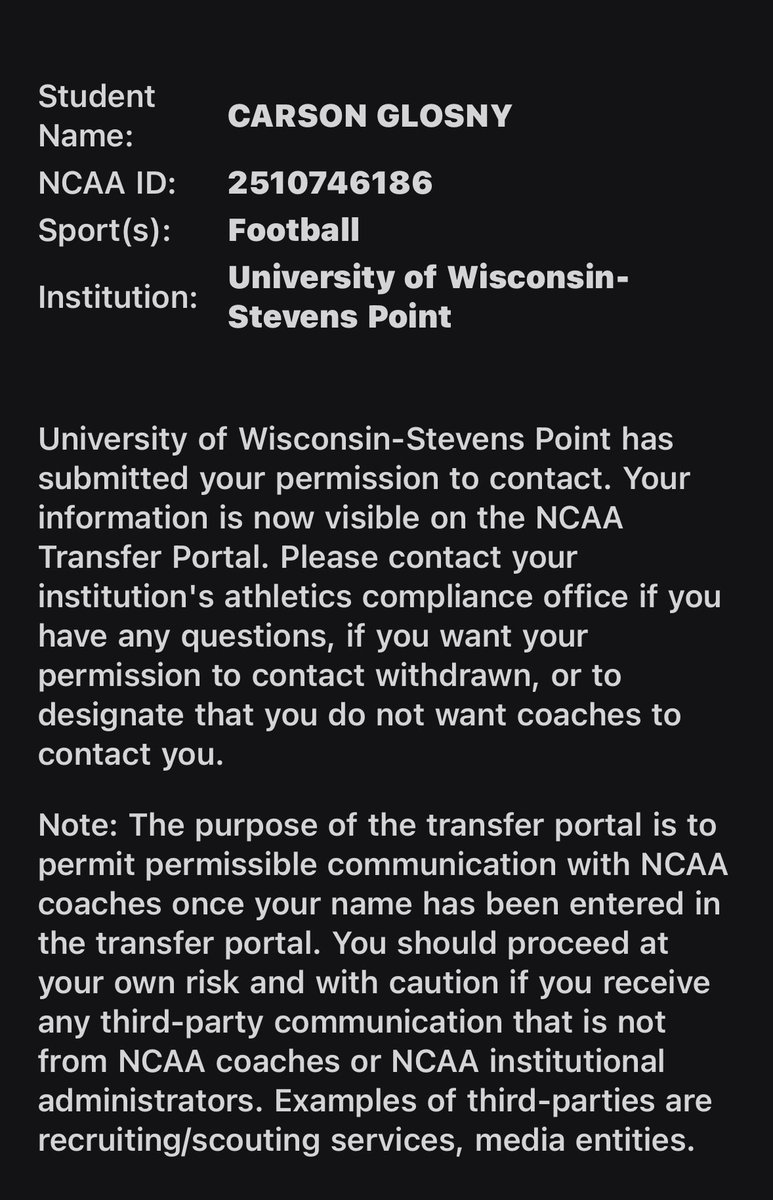 2 Years NCAA Eligibility
QB 6’3” 205
(920) 680-2914
cglosny@gmail.com