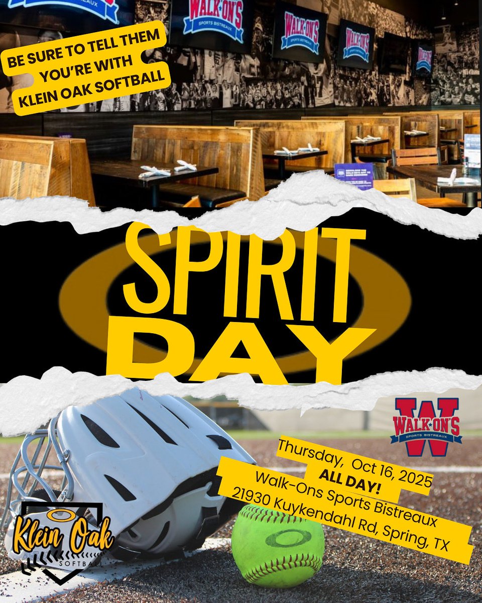 kohs_softball's tweet image. Come out and support the girls this Thursday, October 16 ALL DAY LONG at Walk-Ons on Kuykendahl. Be sure to tell them you’re with KO Softball! #oakem #thecOde