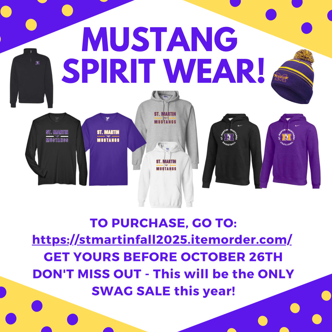 SMSSAthletics's tweet image. 🚨It’s time, Mustangs🚨 SWAG sales have begun!!  Use the link to make your purchase ASAP as the online store will close October 26th and this will be our only sale this year. Don’t miss out!!

stmartinfall2025.itemorder.com