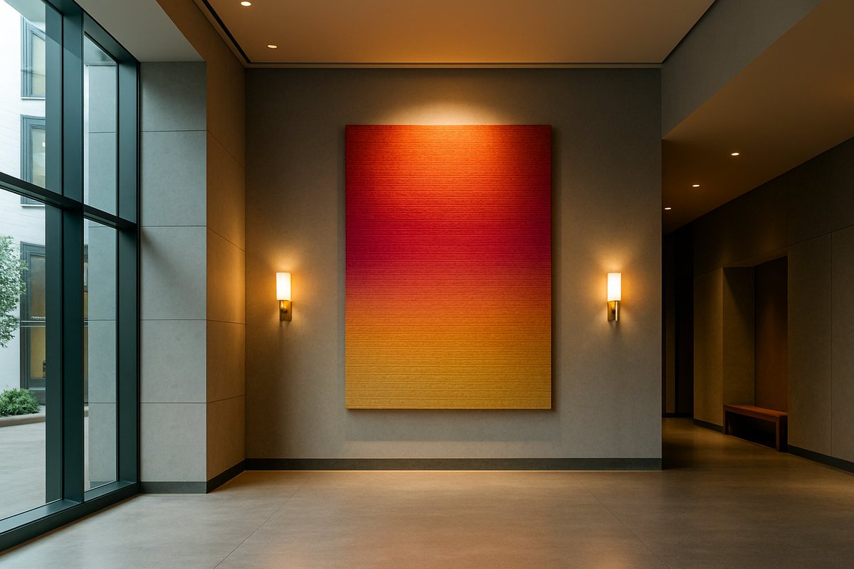 Case study idea: a quiet lobby becomes a destination when a luminous textile field draws people in and softens sound. Transform a threshold into an experience? #art #installationart #textileart #fiberart #sculpture #interiordesign #hospitality #design susanhenselprojects.com