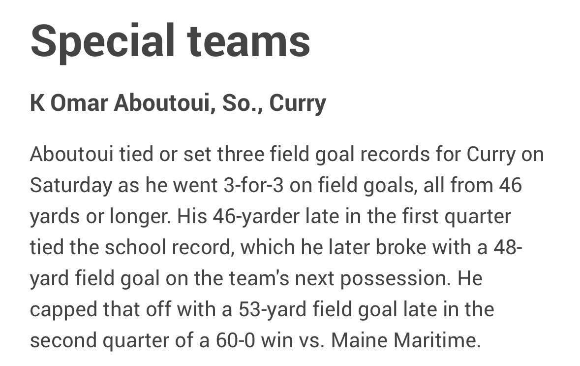 Thankful to have been named this weeks <a href="/D1_Rejects/">Division 1 Rejects</a> D3 Specialist of the week,  my second Conference Special Teams Player of the week, and being selected for this weeks <a href="/d3football/">D3football.com</a> team! 

<a href="/CoachLenson/">Sam Lenson</a> 
<a href="/_LKA__/">NJ Kicking & Punting Coach / Tyler Logan | CSCS</a> 
<a href="/CoachTParsons/">𝐓𝐨𝐝𝐝 𝐏𝐚𝐫𝐬𝐨𝐧𝐬</a> 
<a href="/Pippin_McKinley/">McKinley Pippin</a> 
<a href="/CurryFootball/">CurryFootball</a>