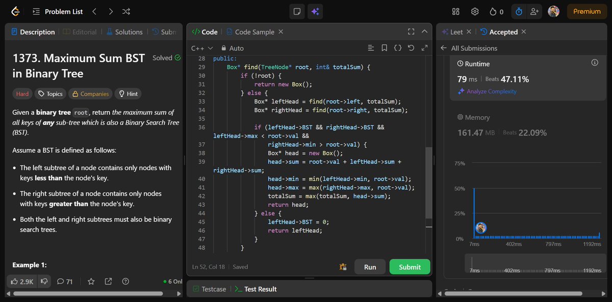 rubayedahmed_'s tweet image. Day 165 - #DSA ๐ณ
Today I solved:
๐น Largest BST in a Binary Tree
๐น Maximum Sum BST in a Binary Tree
Implemented both using a Box class for clean recursion and achieved O(N) efficiency.
#DSA #BinarySearchTree #LeetCode #ProblemSolving