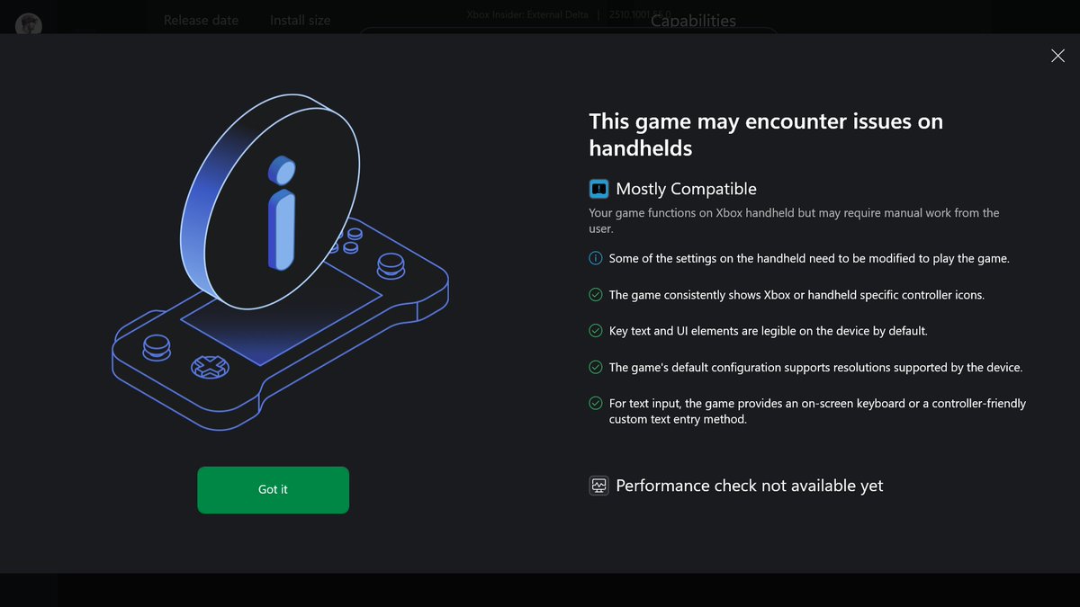 tomwarren's tweet image. Microsoft has started tagging games with its Xbox Handheld Compatibility Program. Handheld Optimized games will get a green indicator that they&apos;re good to go, while Mostly Compatible titles will be marked with a blue label and a note that some settings may need to be tweaked
