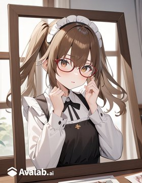 AvalabAI's tweet image. ✨「フォトフレームの中の彼女」チャレンジ✨

✅#avalab をつけて引用ポスト
✅フォロー＆いいね 

@kage1208
solo,brown hair,1girl,brown eyes,glasses,looking at viewer,twintails,masterpiece,(best quality:1.40),superfine illustration,beautiful girl,traditional maid style,head…