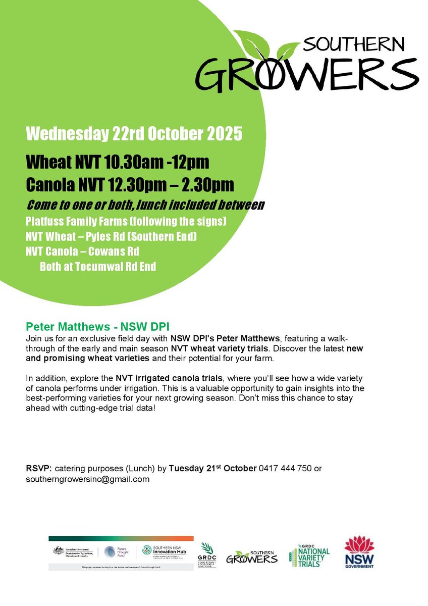 Field Walk - WED 22 October 10.30am
What’s hot (&amp; what’s not) in this season’s NVT wheat &amp; canola trials? Come along 2 the Southern Growers Field Day with Peter Matthews from NSW DPI 2 find out!
Walk the plots, ask questions &amp; see which varieties are standing out under irrigation
