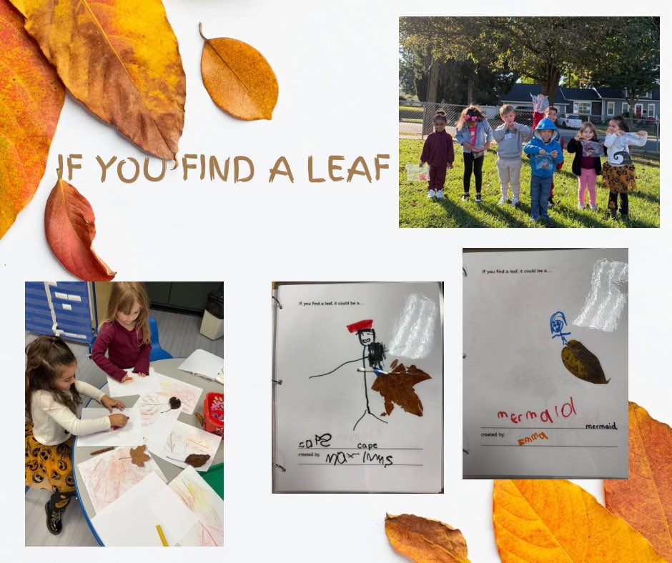 PB_Selover's tweet image. After reading “If You Find a Leaf,” Ms. Susan and Ms. Keri’s class went on a leaf hunt! With the leaves they found, students made leaf rubbings and drawings to show how a leaf could be used to make other things - like a mermaid tail or a superhero cape! 🍁🍂