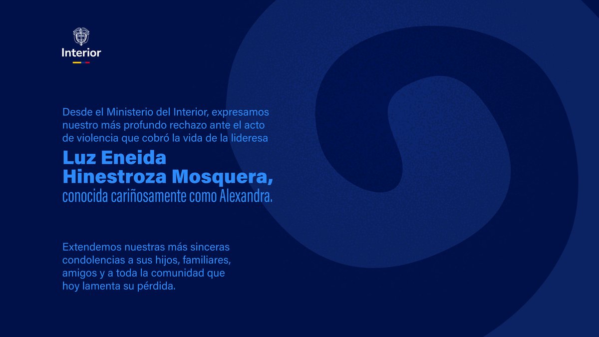 #NoMásViolencia 🔴 | Desde el Ministerio del Interior y la Dirección de Asuntos para Comunidades Negras, Afrocolombianas, Raizales y Palenqueras lamentamos y rechazamos el homicidio de la lideresa Luz Eneida Hinestroza Mosquera, conocida como Alexandra. 🕊️

Su trabajo en defensa