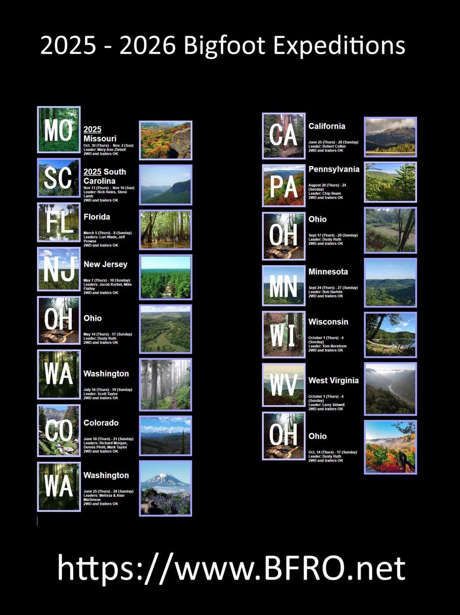 ATTN All Bigfoot Researchers  &gt;&gt;&gt; The schedule for BFRO Bigfoot expeditions in 2026 (plus remaining 2025 trips) is now available on the BFRO web site.  For details see bfro.net/news/roundup/e…
