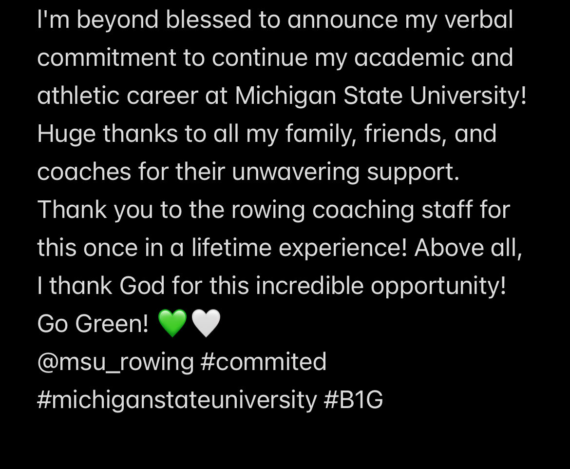 Go Spartans! 💚🤍⚔️

<a href="/joewhit77649469/">Carolina Cyclones Showcase (18u)-Joe White</a> <a href="/MSU_Rowing/">Michigan State Rowing</a> #commited #B1G #GoGreen