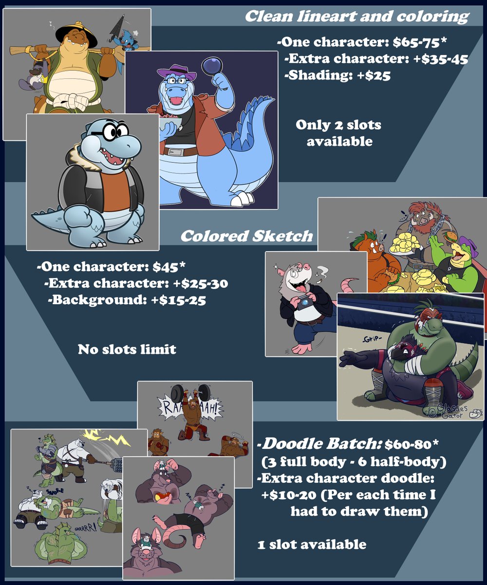 Alegator (C0nnms Closed) (@glassesgator) on Twitter photo ππ¨Opening C0meeshi0ns!
Gonna be a little bit limited on what I'll draw, this is sorta an "emergency C0mmz" but I wanted to give some options. Not sure how many I'll accept, 5 or 6 maybe. But if anyone's interested you can DM me.
* = Price depends on character compexity ππ¨Opening C0meeshi0ns!
Gonna be a little bit limited on what I'll draw, this is sorta an "emergency C0mmz" but I wanted to give some options. Not sure how many I'll accept, 5 or 6 maybe. But if anyone's interested you can DM me.
* = Price depends on character compexity