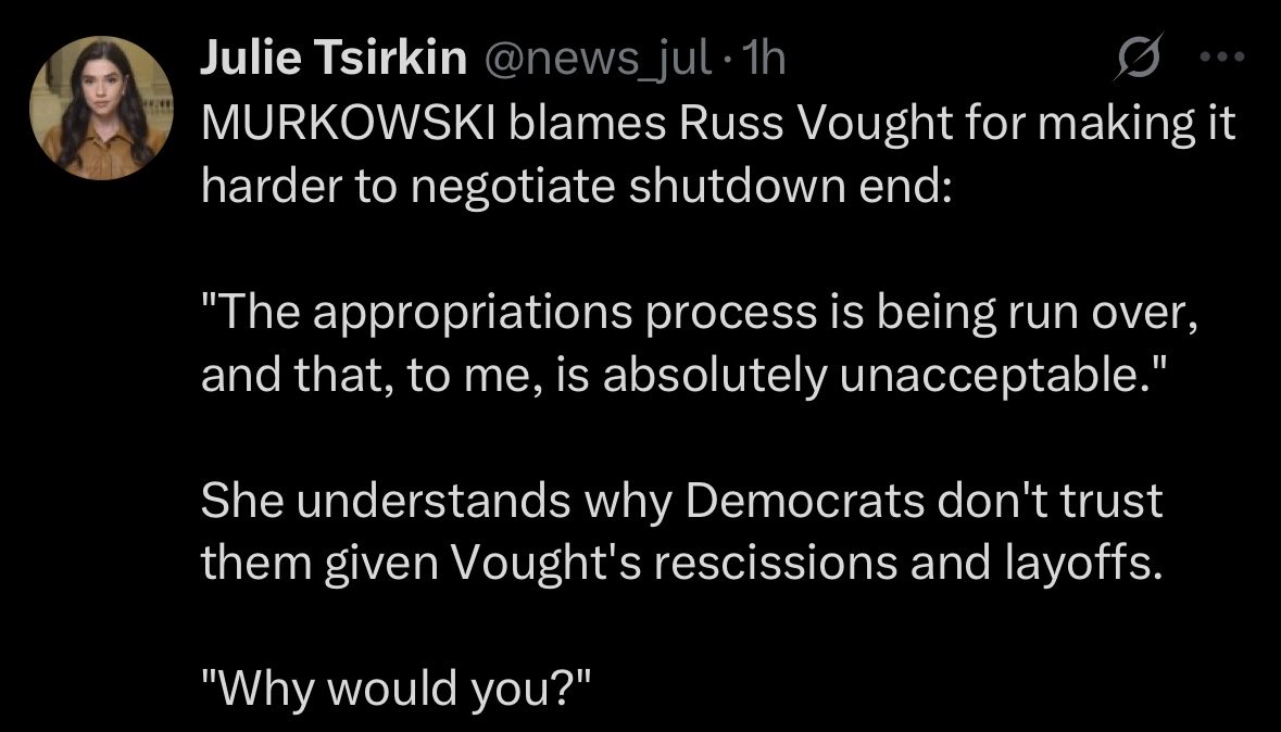 Three senior Republican appropriators agree it doesn't make any sense for Democrats to agree to a government funding deal unless Trump actually adheres to the deal.

The Democratic alternative CR has language that would address this, but Trump and Vought are completely opposed.