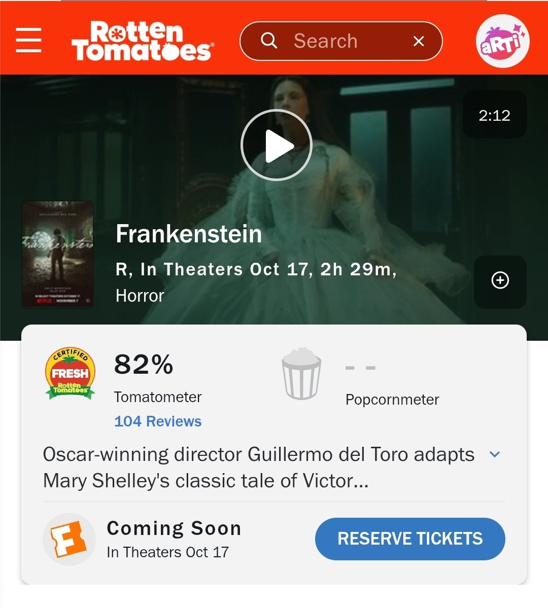 DiscussingFilm's tweet photo. Guillermo del Toro’s ‘FRANKENSTEIN’ is now Certified Fresh on Rotten Tomatoes at 82%

Read our review: https://t.co/6cR21PY1yt https://t.co/IKpKdtFA25